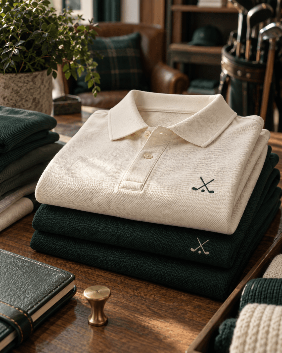 Folded golf apparel and planning materials in a golf shop